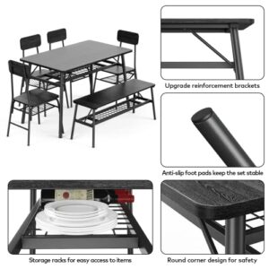 Gizoon 46'' Rectangular Dining Table Set for 6, 6-Piece Modern Dining Set for Home, Apt, 4 Chairs, Bench, Kitchen Dining Room Set w/Storage Rack for Family, Small Space, Saving Space-Black