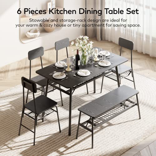 Gizoon 46'' Rectangular Dining Table Set for 6, 6-Piece Modern Dining Set for Home, Apt, 4 Chairs, Bench, Kitchen Dining Room Set w/Storage Rack for Family, Small Space, Saving Space-Black