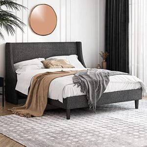 einfach queen size platform bed frame with wingback headboard / fabric upholstered mattress foundation with wooden slat support, dark grey