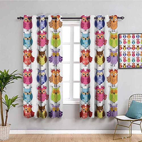 Nursery Kitchen Curtain, Curtains 84 inch Length Set of Cartoon Owls with Various Emotions Sleepy Smiling Confused Sad Gestures Protective Furniture Multicolor W84 x L84 Inch