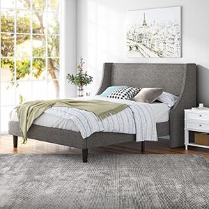 hoomic queen size bed frame, modern fabric upholstered wingback platform bed with headboard, strong wood slats support, mattress foundation, no box spring needed, easy assembly, light grey