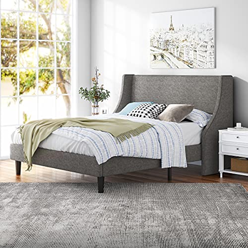 Hoomic Queen Size Bed Frame, Modern Fabric Upholstered Wingback Platform Bed with Headboard, Strong Wood Slats Support, Mattress Foundation, No Box Spring Needed, Easy Assembly, Light Grey