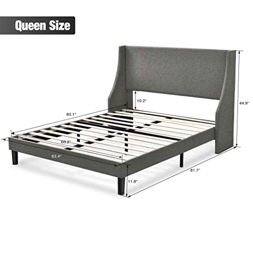 Hoomic Queen Size Bed Frame, Modern Fabric Upholstered Wingback Platform Bed with Headboard, Strong Wood Slats Support, Mattress Foundation, No Box Spring Needed, Easy Assembly, Light Grey