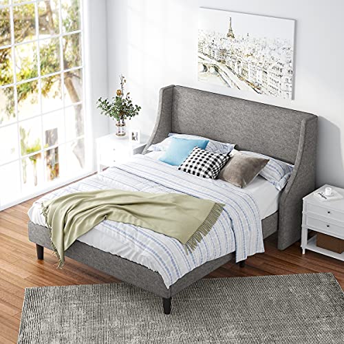 Hoomic Queen Size Bed Frame, Modern Fabric Upholstered Wingback Platform Bed with Headboard, Strong Wood Slats Support, Mattress Foundation, No Box Spring Needed, Easy Assembly, Light Grey