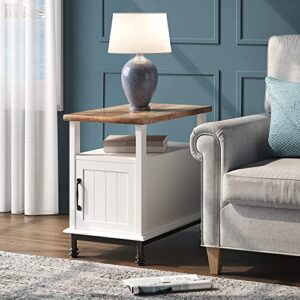 wampat farmhouse nightstand, premium wood accent end side table with open storage, cabinet and back shelf for living room and bedroom, metal feet, 24″, white/oak