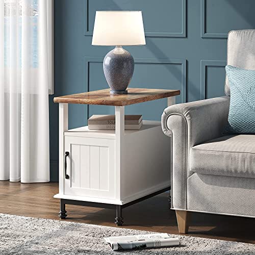 WAMPAT Farmhouse Nightstand, Premium Wood Accent End Side Table with Open Storage, Cabinet and Back Shelf for Living Room and Bedroom, Metal Feet, 24", White/Oak