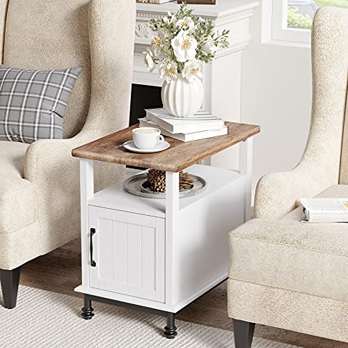 WAMPAT Farmhouse Nightstand, Premium Wood Accent End Side Table with Open Storage, Cabinet and Back Shelf for Living Room and Bedroom, Metal Feet, 24", White/Oak