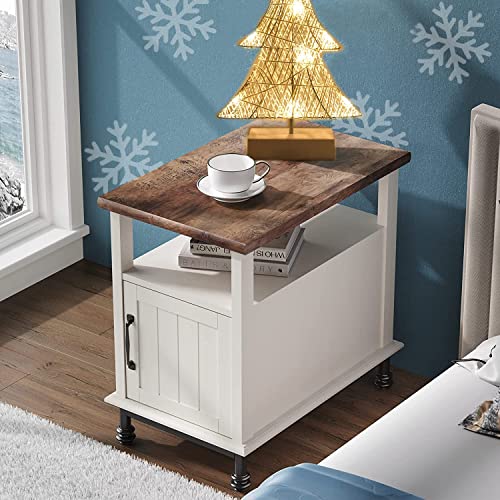 WAMPAT Farmhouse Nightstand, Premium Wood Accent End Side Table with Open Storage, Cabinet and Back Shelf for Living Room and Bedroom, Metal Feet, 24", White/Oak