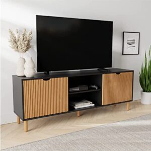 Stead Contemporary Fluted TV Stand 2023 Collection- 70” Entertainment Center Console Table with Storage for Living Room - Fits 32 to 80" TVs (Black and Oak)