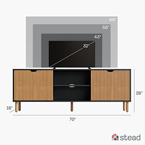 Stead Contemporary Fluted TV Stand 2023 Collection- 70” Entertainment Center Console Table with Storage for Living Room - Fits 32 to 80" TVs (Black and Oak)