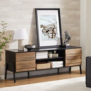 mid-century modern tv stand for 65 inch flat screen wood tv table media console with storage, home entertainment center in black and oak for living room bedroom, 60 inch