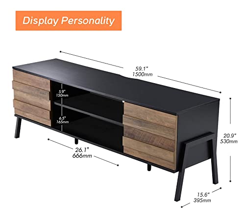 Mid-Century Modern TV Stand for 65 inch Flat Screen Wood TV Table Media Console with Storage, Home Entertainment Center in Black and Oak for Living Room Bedroom, 60 inch