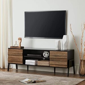 Mid-Century Modern TV Stand for 65 inch Flat Screen Wood TV Table Media Console with Storage, Home Entertainment Center in Black and Oak for Living Room Bedroom, 60 inch