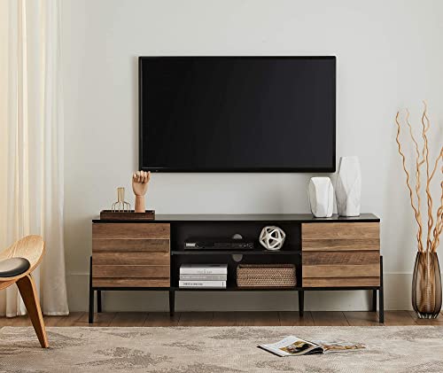 Mid-Century Modern TV Stand for 65 inch Flat Screen Wood TV Table Media Console with Storage, Home Entertainment Center in Black and Oak for Living Room Bedroom, 60 inch