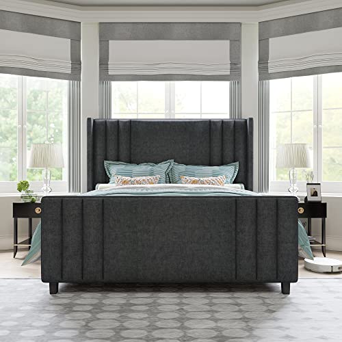 AMERLIFE King Size Bed Frame, Velvet Upholstered Platform Bed with Vertical Channel Tufted Headboard & Footboard/Wingback, Mattress Foundation with Wood Slats, No Box Spring Needed, Grey