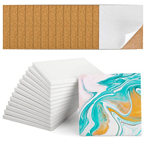 Ceramic Tiles for Crafts Coasters,14 Pack 4-Inches Unglazed Ceramic Coasters for Drinks with Cork Backing Pads,Use with Alcohol Ink or Acrylic Pouring Make Your Own DIY Coasters (Square)