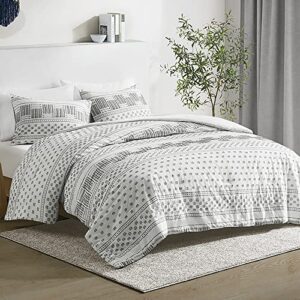 cotton farmhouse comforter set, king size bedding sets, dual-sided neutral modern design, with boho style clipped jacquard stripes 3-pieces /w matching pillow shams (104×90 inches, white/charcoal)