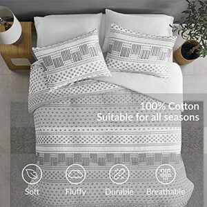 Cotton Farmhouse Comforter Set, King Size Bedding Sets, Dual-Sided Neutral Modern Design, with Boho Style Clipped Jacquard Stripes 3-Pieces /W Matching Pillow Shams (104x90 inches, White/Charcoal)