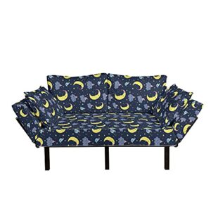 lunarable sky futon couch, night theme with crescent moon sleepy clouds and stars bedtime bird characters, daybed with metal frame upholstered sofa for living dorm, loveseat, multicolor