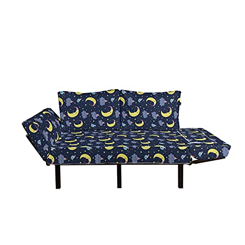 Lunarable Sky Futon Couch, Night Theme with Crescent Moon Sleepy Clouds and Stars Bedtime Bird Characters, Daybed with Metal Frame Upholstered Sofa for Living Dorm, Loveseat, Multicolor