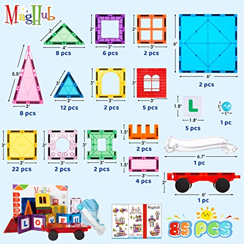 MagHub Magnetic Tiles for Kids, 85 PCS 3D Magnetic Blocks STEM Magnetic Building Blocks, Learning Educational Magnet Toys for Boys Girls Construction Kit Magnetic Toys for 3+ Years Old Kids Toddlers