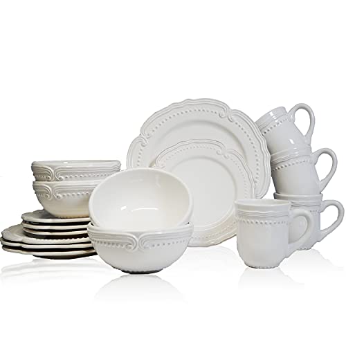 American Atelier Round Dinnerware Sets | White Kitchen Plates, Bowls, and Mugs | 16 Piece Elegant Victoria Collection | Dishwasher and Microwave Safe | Service for 4