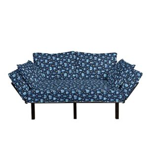 lunarable night sky futon couch, hand drawn houses and yellow stars bedtime sleepy image, daybed with metal frame upholstered sofa for living dorm, loveseat, indigo pale azure blue