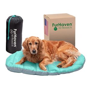 Furhaven Large Dog Bed Trail Pup Travel Pillow Mat w/ Stuff Sack, Washable - Aqua/Granite Gray, Large
