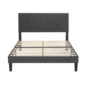 SHA CERLIN Queen Size Bed Frame with Geometric Upholstered Headboard, Platform Bed with 8 Inches Under-Bed Space, Wood Slats Support, Noise Free, No Box Spring Required, Grey