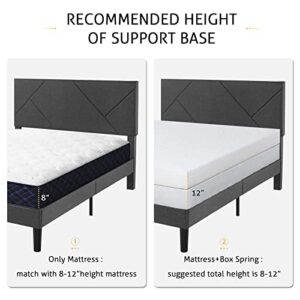 SHA CERLIN Queen Size Bed Frame with Geometric Upholstered Headboard, Platform Bed with 8 Inches Under-Bed Space, Wood Slats Support, Noise Free, No Box Spring Required, Grey