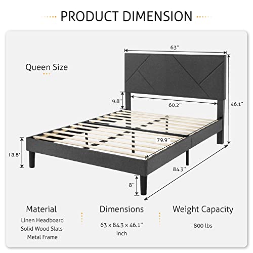 SHA CERLIN Queen Size Bed Frame with Geometric Upholstered Headboard, Platform Bed with 8 Inches Under-Bed Space, Wood Slats Support, Noise Free, No Box Spring Required, Grey