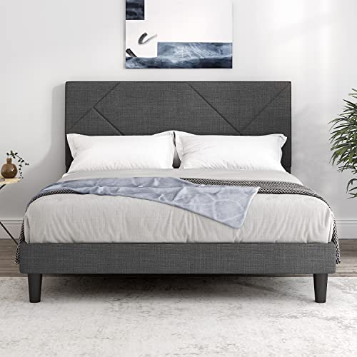 SHA CERLIN Queen Size Bed Frame with Geometric Upholstered Headboard, Platform Bed with 8 Inches Under-Bed Space, Wood Slats Support, Noise Free, No Box Spring Required, Grey