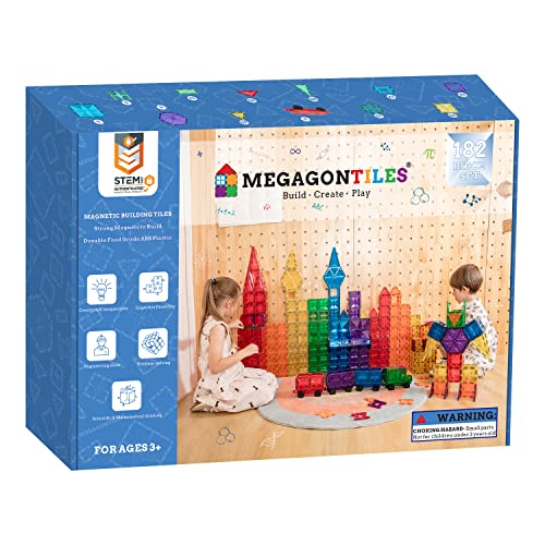 MEGAGONTILES 182PCS Magnetic Tiles | STEM AUTHENTICATED | Mega Magnet Tiles Set| Clear Magnetic Blocks | Magnetic Toys | Magnetic Building Blocks |Toddler Boys Girls 3-10 Year Old