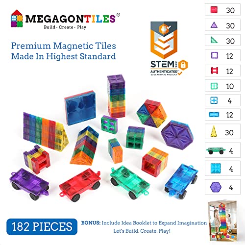 MEGAGONTILES 182PCS Magnetic Tiles | STEM AUTHENTICATED | Mega Magnet Tiles Set| Clear Magnetic Blocks | Magnetic Toys | Magnetic Building Blocks |Toddler Boys Girls 3-10 Year Old