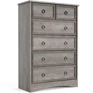 modern 6 drawer dresser, dressers for bedroom, tall chest of drawers closet organizers and storage for clothes – easy pull handle, textured borders drawers for living room, bedroom, hallway, gray wash