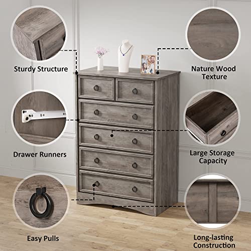 Modern 6 Drawer Dresser, Dressers for Bedroom, Tall Chest of Drawers Closet Organizers and Storage for Clothes - Easy Pull Handle, Textured Borders Drawers for Living Room, Bedroom, Hallway, Gray Wash