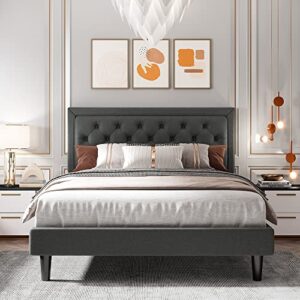 einfach queen size modern deluxe platform bed frame button tufted fabric upholstered bed frame with adjustable headboard/strong wood slats support/mattress foundation/easy assembly, dark grey