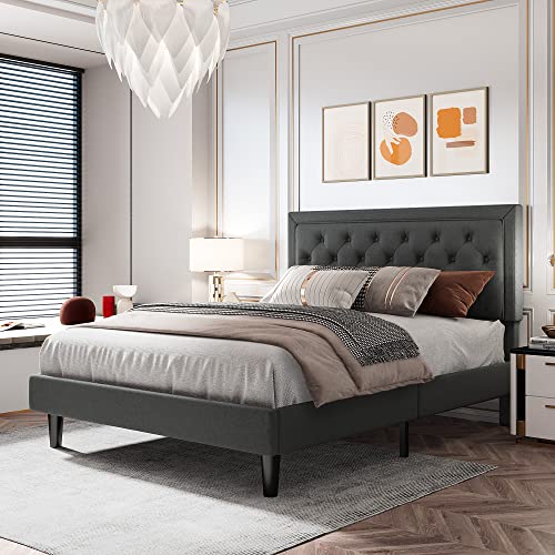 Einfach Queen Size Modern Deluxe Platform Bed Frame Button Tufted Fabric Upholstered Bed Frame with Adjustable Headboard/Strong Wood Slats Support/Mattress Foundation/Easy Assembly, Dark Grey