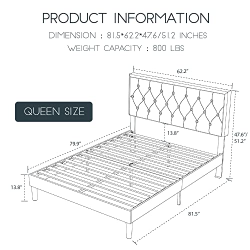 Einfach Queen Size Modern Deluxe Platform Bed Frame Button Tufted Fabric Upholstered Bed Frame with Adjustable Headboard/Strong Wood Slats Support/Mattress Foundation/Easy Assembly, Dark Grey