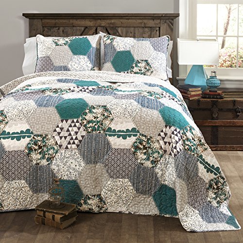 Lush Decor Briley Quilt 3 Piece Reversible Print Hexagon Pattern Patchwork Neutral Bedding Set, King, Turquoise