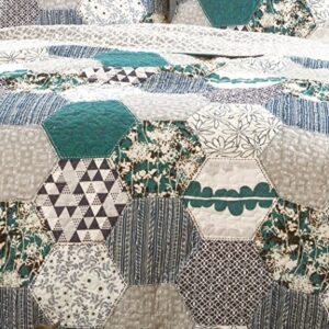 Lush Decor Briley Quilt 3 Piece Reversible Print Hexagon Pattern Patchwork Neutral Bedding Set, King, Turquoise