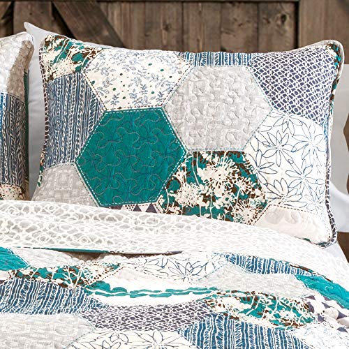 Lush Decor Briley Quilt 3 Piece Reversible Print Hexagon Pattern Patchwork Neutral Bedding Set, King, Turquoise