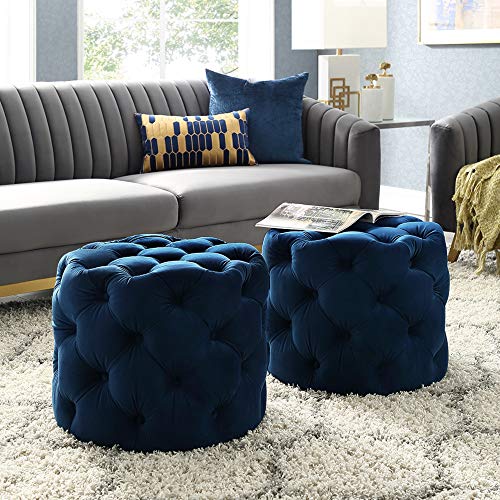 Inspired Home Navy Velvet Ottoman - Design: Lauren | Allover Tufted | Round | Modern Contemporary | 1 PC