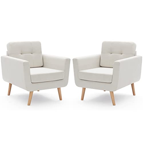 Tbfit Linen Fabric Accent Chairs Set of 2, Mid Century Modern Armchair for Living Room, Bedroom Button Tufted Upholstered Comfy Reading Accent Chair Sofa(White Beige)