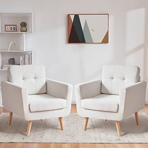 Tbfit Linen Fabric Accent Chairs Set of 2, Mid Century Modern Armchair for Living Room, Bedroom Button Tufted Upholstered Comfy Reading Accent Chair Sofa(White Beige)