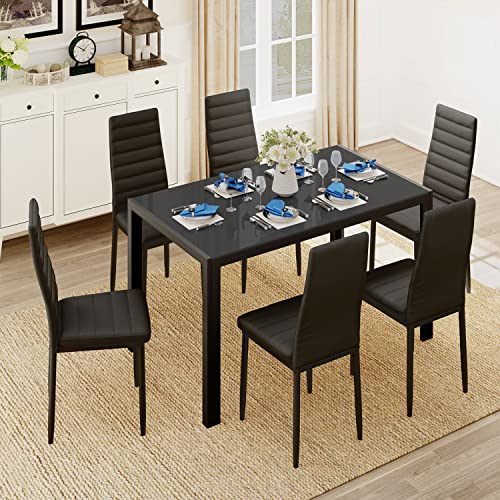 Gizoon Glass Dining Table Sets for 6, 7 Piece Kitchen Table and Chairs Set for 6 Person, PU Leather Modern Dining Room Sets for Home, Kitchen, Living Room Black