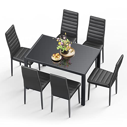 Gizoon Glass Dining Table Sets for 6, 7 Piece Kitchen Table and Chairs Set for 6 Person, PU Leather Modern Dining Room Sets for Home, Kitchen, Living Room Black