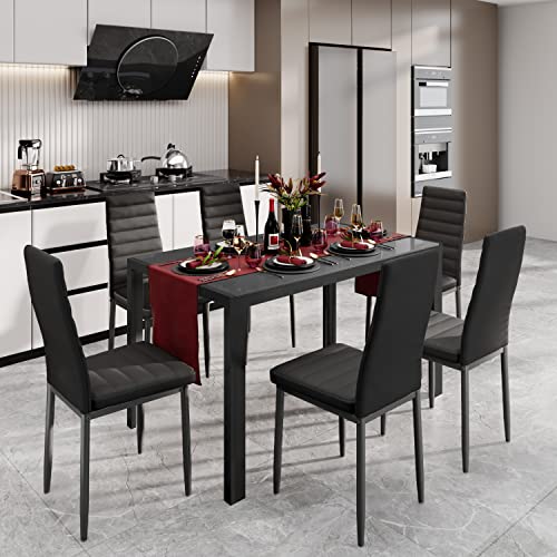 Gizoon Glass Dining Table Sets for 6, 7 Piece Kitchen Table and Chairs Set for 6 Person, PU Leather Modern Dining Room Sets for Home, Kitchen, Living Room Black