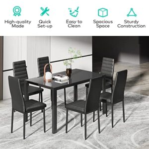 Gizoon Glass Dining Table Sets for 6, 7 Piece Kitchen Table and Chairs Set for 6 Person, PU Leather Modern Dining Room Sets for Home, Kitchen, Living Room Black