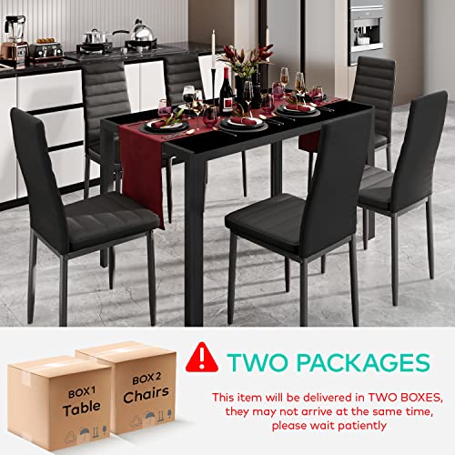 Gizoon Glass Dining Table Sets for 6, 7 Piece Kitchen Table and Chairs Set for 6 Person, PU Leather Modern Dining Room Sets for Home, Kitchen, Living Room Black